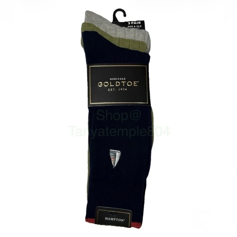 GoldToe Hampton Men's 3-Pair Crew Socks Shoe Size 6-12  Navy/Green/Gray